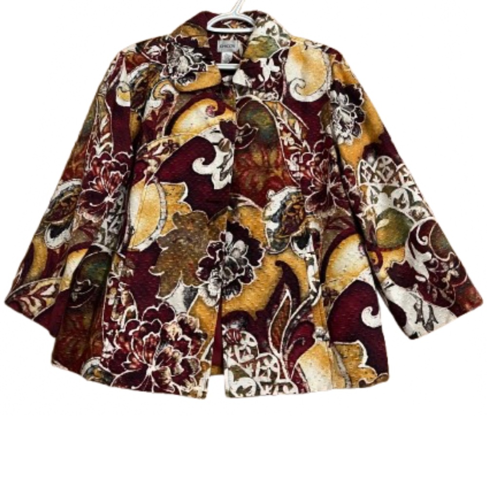 Chico’s Vibrant Multi Floral Print Silk Blend Blazer in Textured Fabric Sz-M
